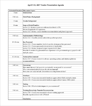 vendor presentation agenda template