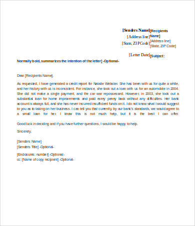 Credit Reference Letter For Business