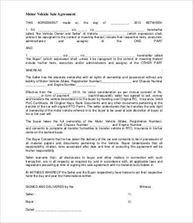 motorvehicle sales agreement template