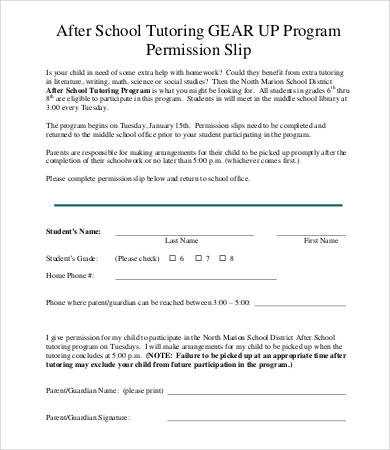 permission slip for tutoring template