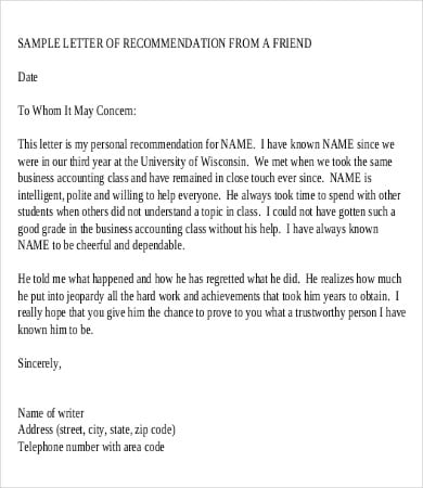 letter of recommendation for employment for a friend