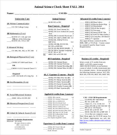 animal science check sheet template