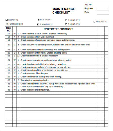 maintenance checklist template excel