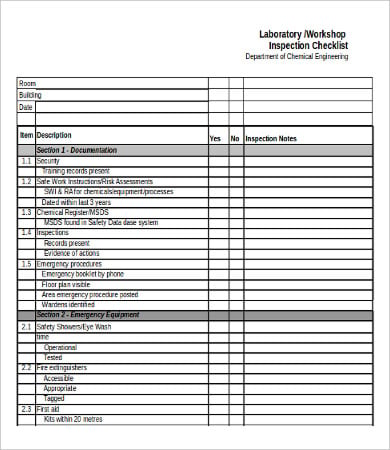 inspection checklist template excel