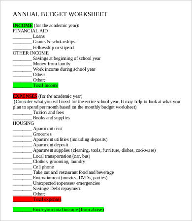 annual budget worksheet template