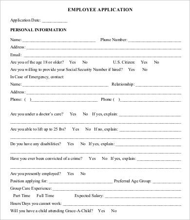 Preschool job application form sample