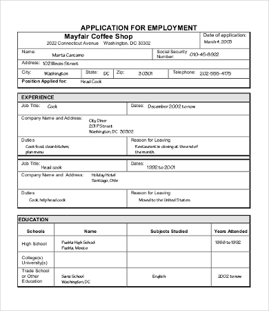 sample employment application template