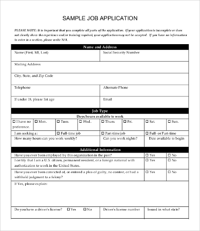 sample job applications printable Job Application  PDF  Sample Word, Documents 7 Free