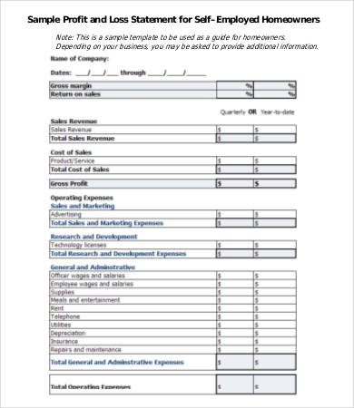 printable profit and loss statement form