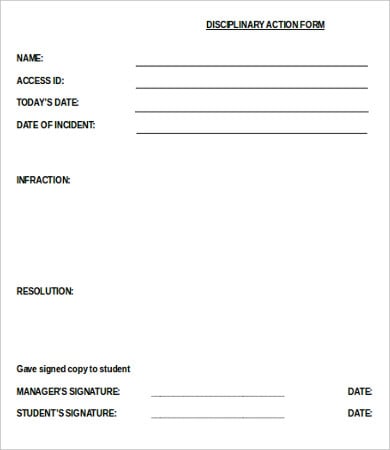 blank disciplinary action form
