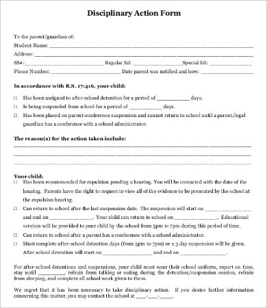school disciplinary action form