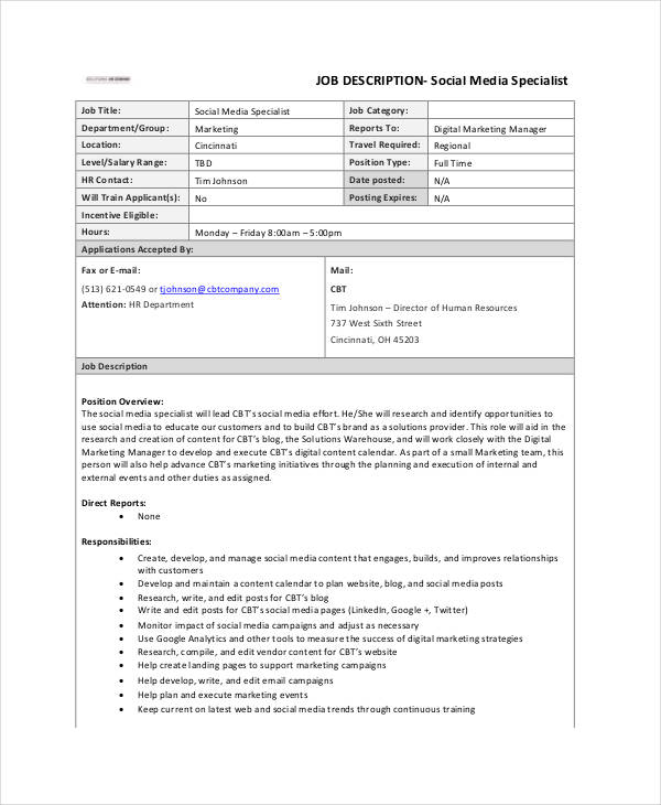 10+ Social Media Job Description Templates - PDF, DOC