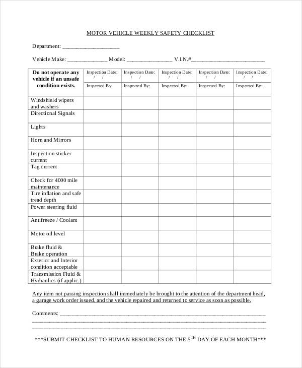 vehicle weekly checklist template