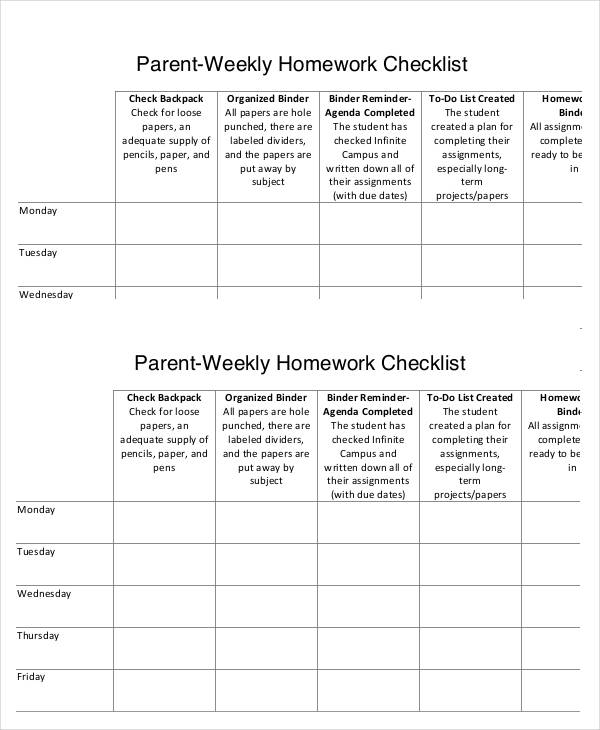 weekly homework checklist template