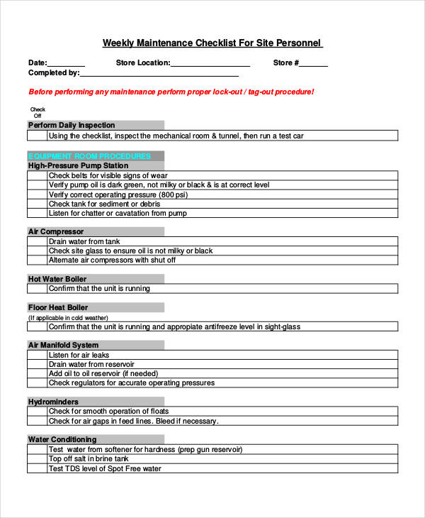 weekly maintenance checklist template1