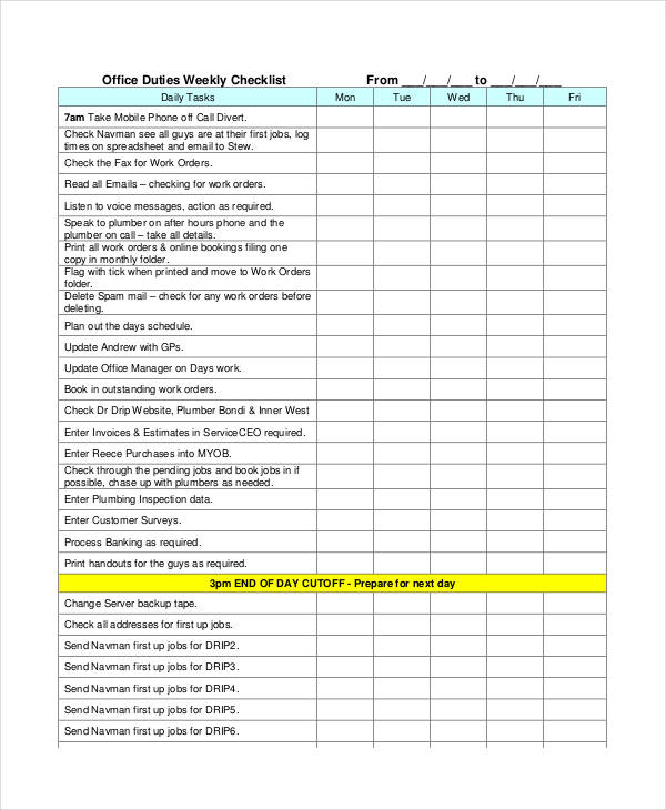 weekly office checklist template