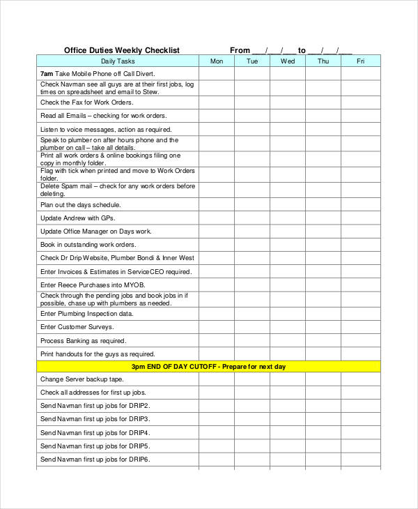 Weekly Checklist Template 9  Free Sample Example Format