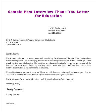 teacher post interview thank you letter