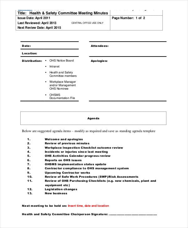 Safety Meeting Minutes Template 12+ Free Sample, Example, Format