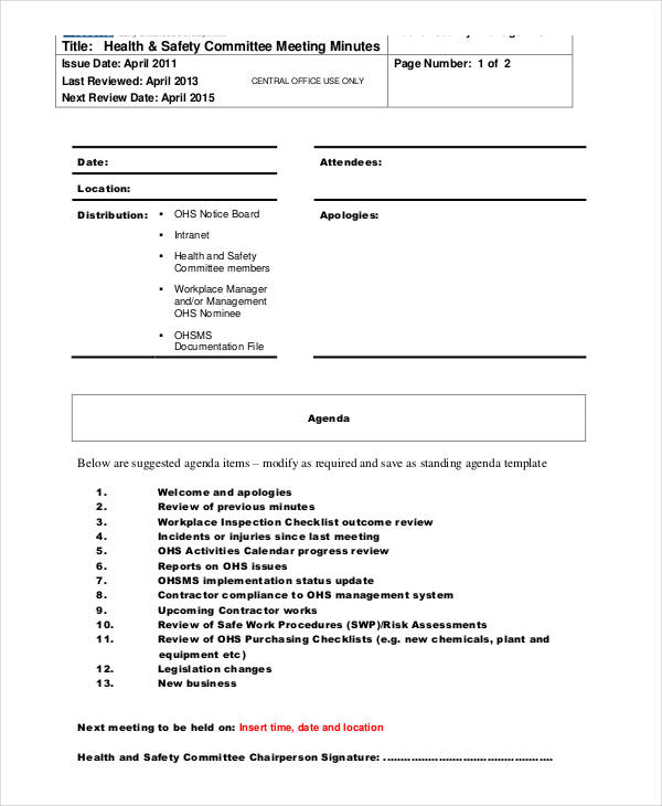 Safety Meeting Minutes Template - 12+ Free Sample, Example, Format ...