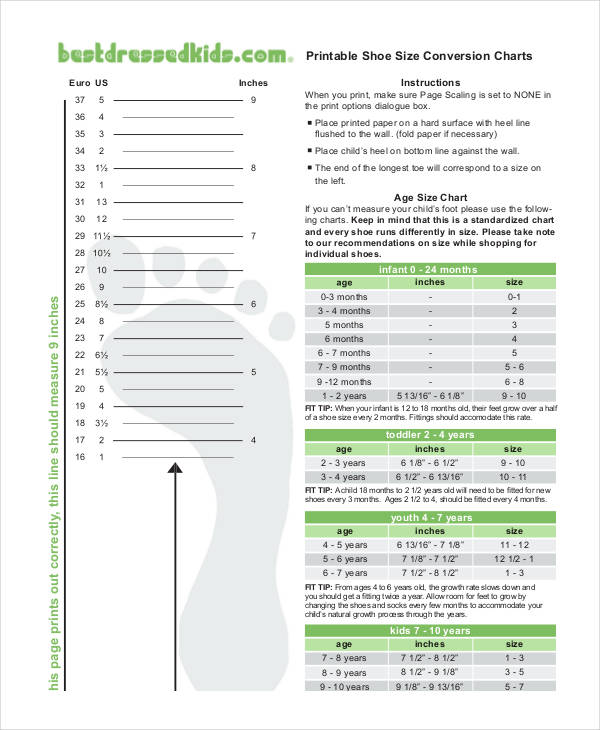 Printable Shoe Size Chart 21+ PDF Documents Download