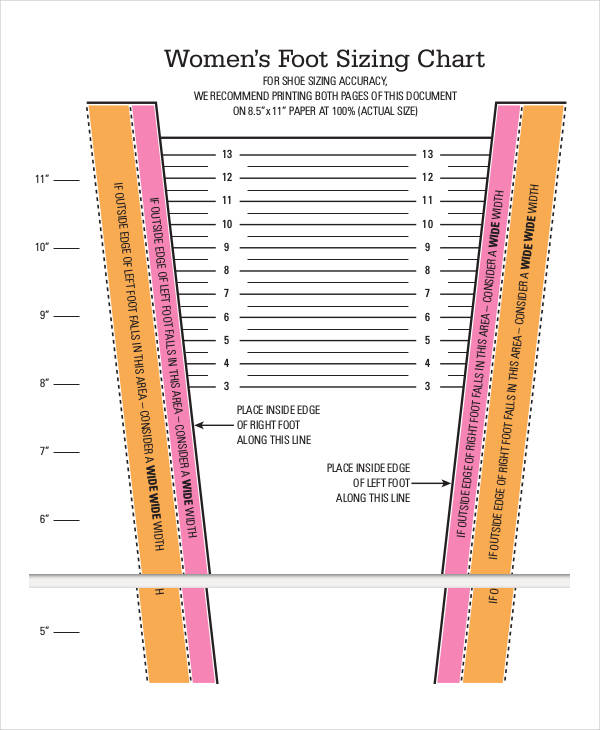 Printable shoe size deals chart width