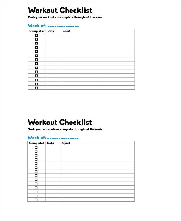 blank workout checklist template