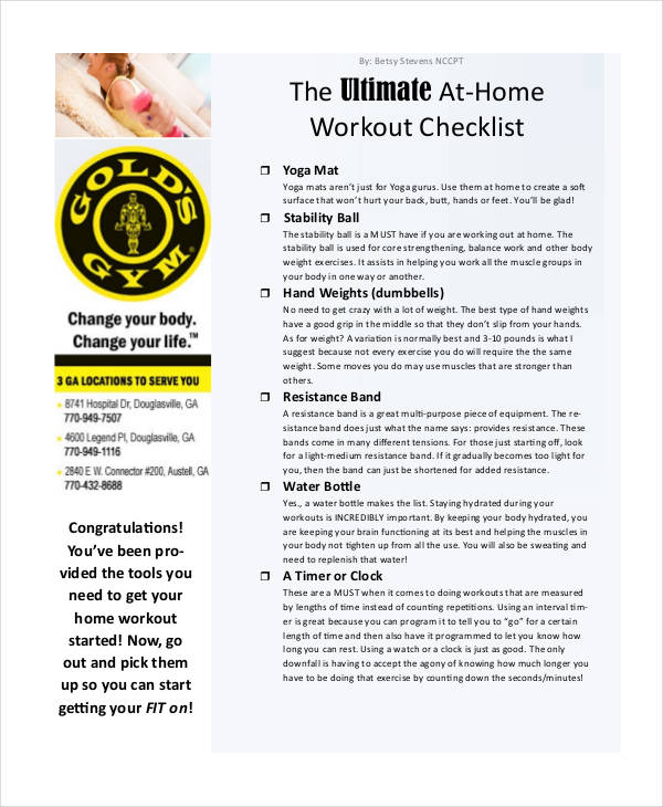 home workout checklist template