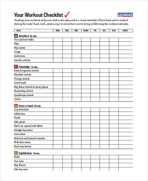 Workout Checklist Template 9+ Free Word, PDF Format
