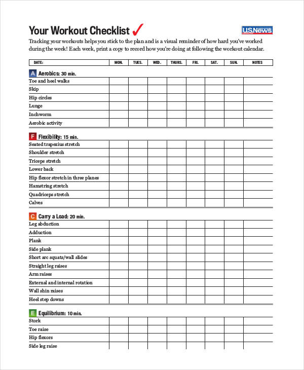 Workout Checklist Template 9 Free Word PDF Format Download