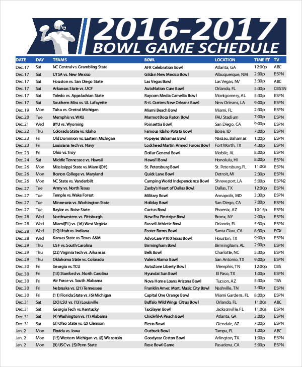 Printable Bowl Schedule Templates - 9+ Free PDF Format Download