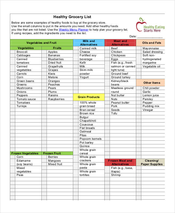 printable healthy grocery list