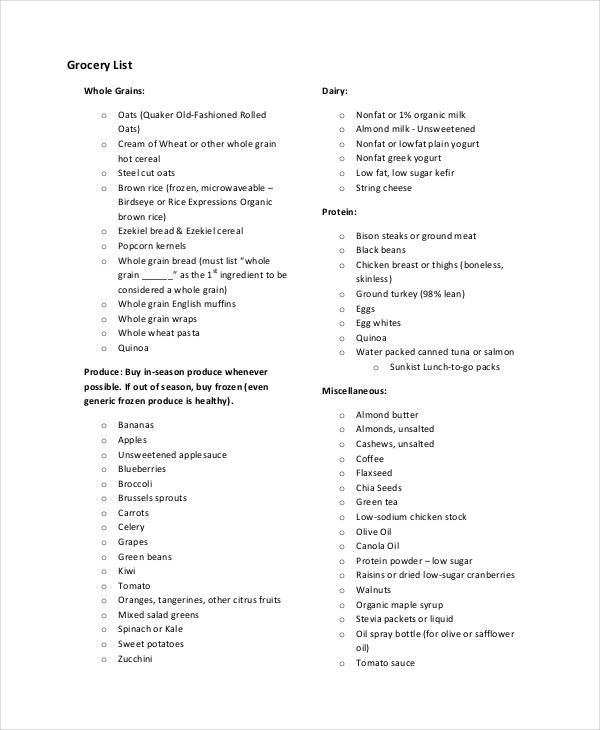 simple printable grocery list