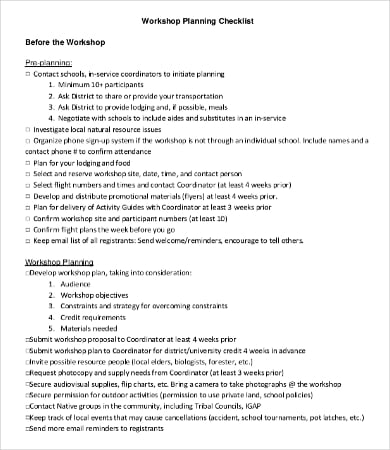 daily workshop planning checklist sample