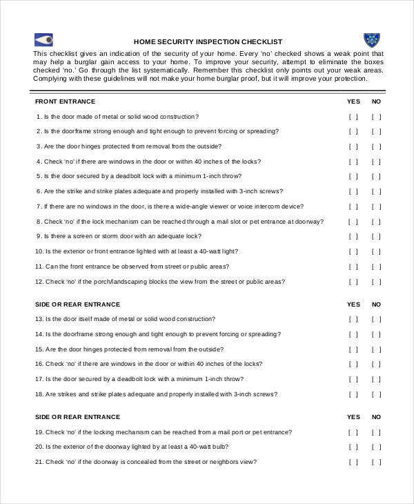 home security inspection checklist template