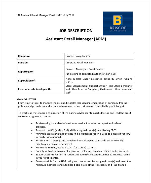 assistant manager retail job description