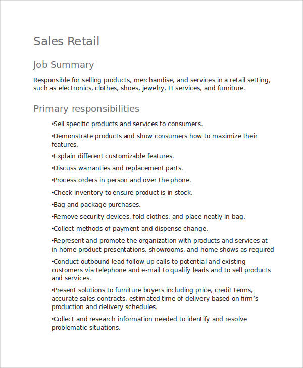 sales retail job description