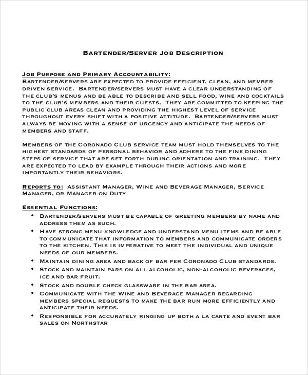 11+ Bartender Job Description Templates - PDF, DOCS