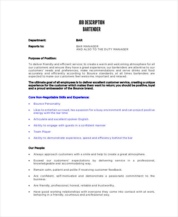 11 Bartender Job Description Templates PDF DOCS