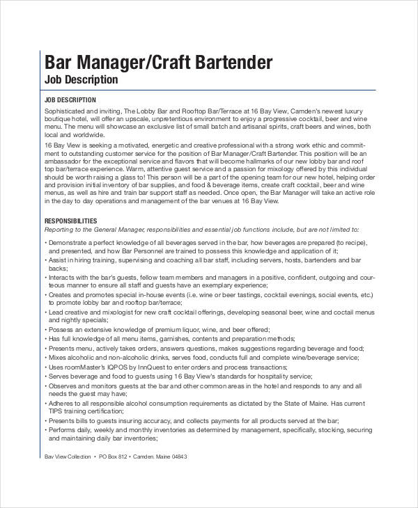 head bartender job description