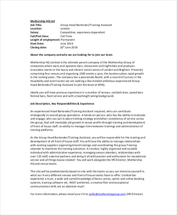 11+ Bartender Job Description Templates PDF, DOCS