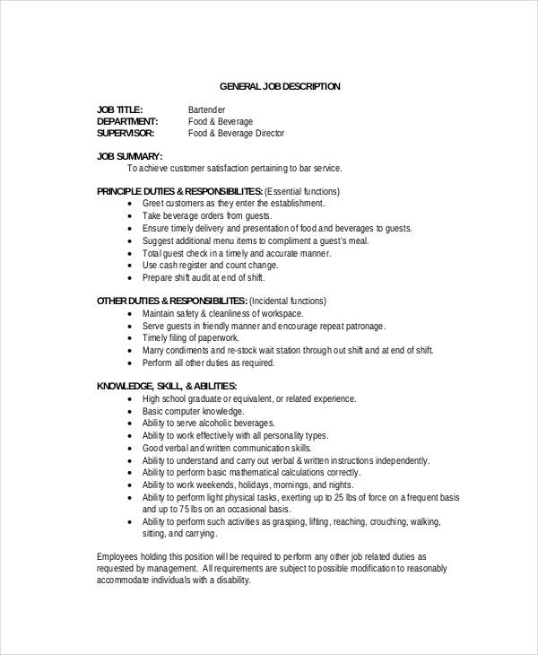 11+ Bartender Job Description Templates PDF, DOCS