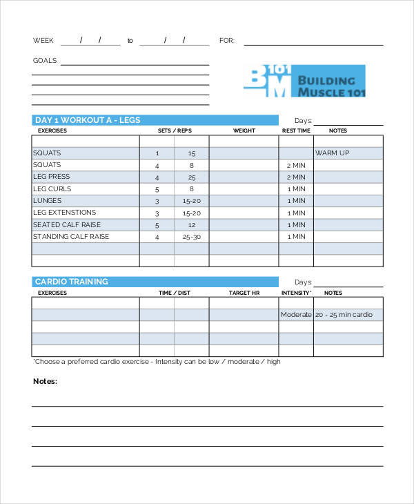 Cardio Workout Chart Templates