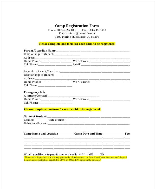printable camp registration form template