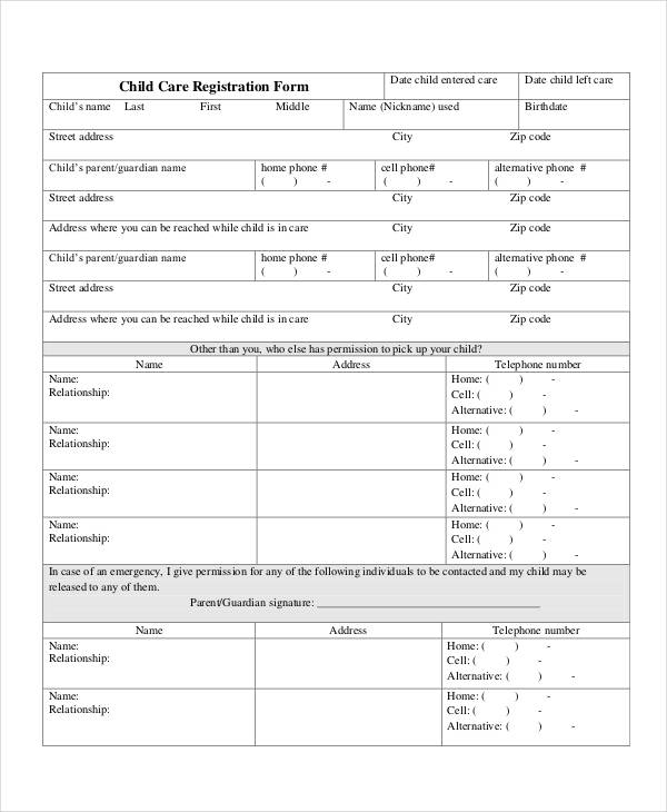 printable childcare registration form
