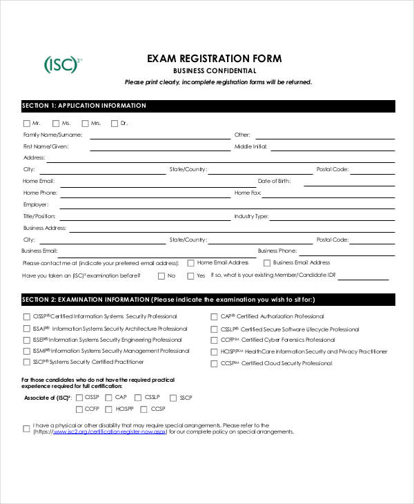 printable exam registration form