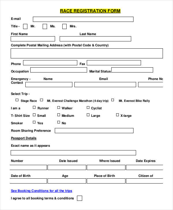 Car Race Registration Form Template