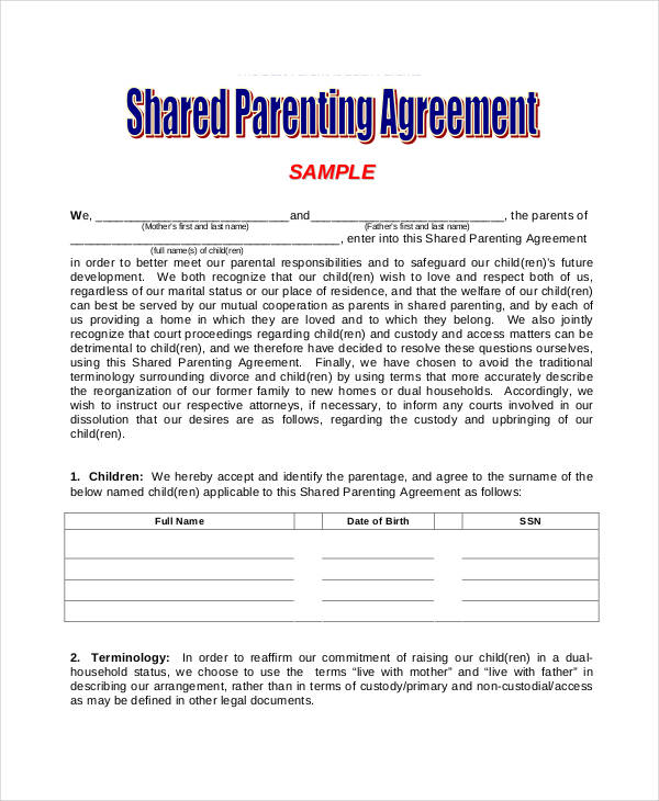 shared parenting agreement template