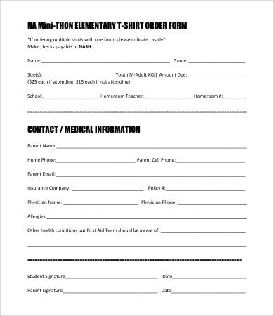elementary t shirt order form template