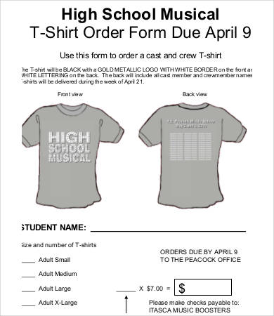 high school t shirt order form